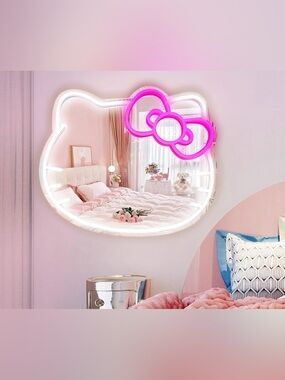 Hello Kitty LED Neon Wall Mirror Light Pink Bow – Adjustable Brightness